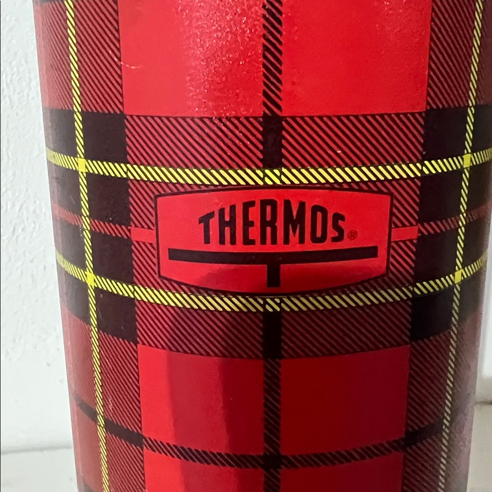 VINTAGE 1970s Thermos Red Plaid Bottle with Beige Lid - Picture 2 of 3